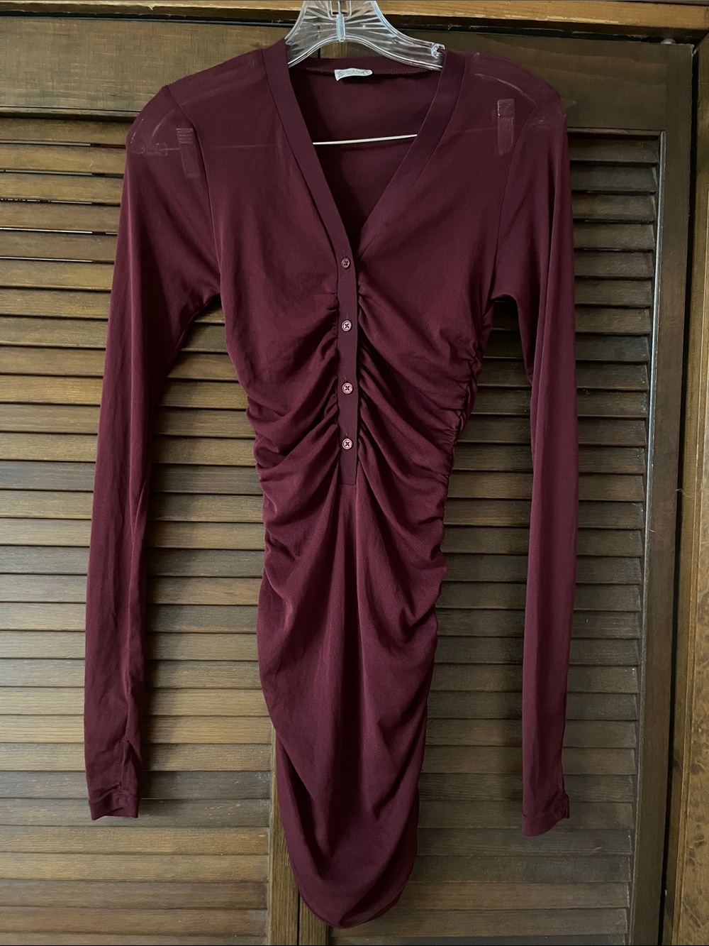 Free People Ruched Long-Sleeve V-Neck Dress in Deep Wine